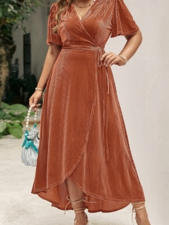 Simplee Apparel Dresses & Skirts - Simplee Ribbed Velvet High-Low Wrap Dress in Rust